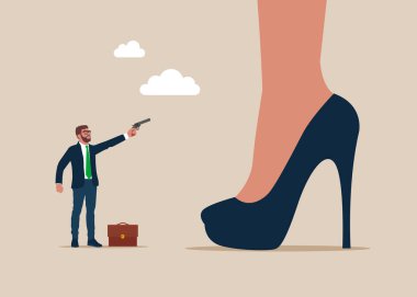 Minik adam tabanca tutuyor ve dev gibi korkunç bir kadını soyuyor. Büyük hırsızlık ve mülkiyet suçu. Para sorunları. Düz vektör illüstrasyonu