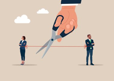 Boşanmış bir çift. El, kırık evlilik ilişkisinin sonunu kesmek için makas kullanır. Düz biçimli modern vektör illüstrasyonu 