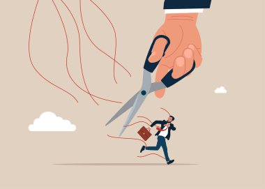 Manipülasyon kuklası. Kuklacı ile kukla arasındaki iplikleri makasla keser. Düz vektör illüstrasyonu