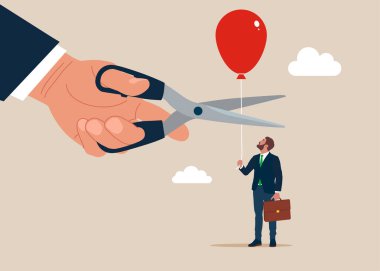 Balon ipini kesen makas. İş adamı balonu tutuyor. Düz biçimli modern vektör illüstrasyonu. 