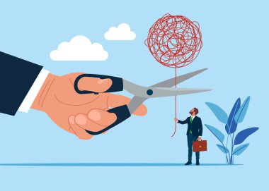 Aşırı çalışmaktan rahatladım. Psikolog makas kullanarak hasta iş adamının balonunu kesiyor. Düz vektör illüstrasyonu