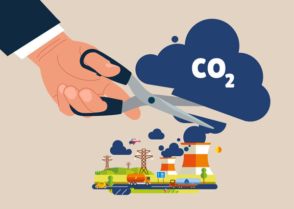 Hand uses scissors to cut air pollution, co2 , ecological problems. Cutting harmful industry emissions with large scissors. Flat vector illustration
