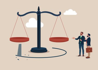 Adalet hırsızlığının boyutu. Hırsız, yozlaşmış politikaları yıkmak için yeri testereyle kesiyor. Dolandırıcılık ve başarısızlık adaleti. Düz vektör illüstrasyonu.