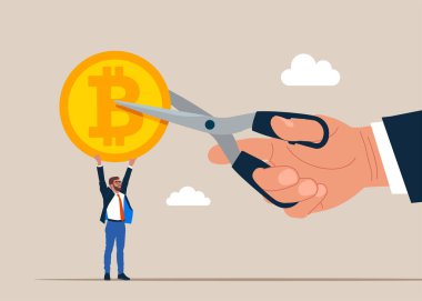 Bitcoin parası kesmek için el ele makas. Parayı bölüşür, karı paylaşırız. Maliyet indirimi ya da indirimli fiyat. Düz vektör illüstrasyonu.