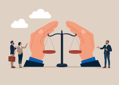 İyilik metaforu. İş hukuku tavsiyesi için adalet terazisini tutan kollar. Düz biçimli modern vektör illüstrasyonu. 