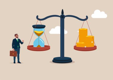 Zaman değeri. Zamanla parayı karşılaştır. Tahterevalli 'ye kum saati ve bozuk para istifledim. Düz biçimli modern vektör illüstrasyonu. 