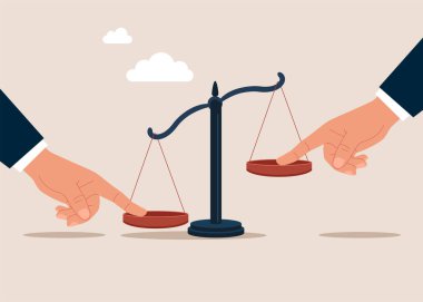 Tartışmalar, kanıtlar ve hileler mahkemede. Eller farklı taraflardan işaret parmaklarıyla kaselere dokunuyor. Düz vektör illüstrasyonu