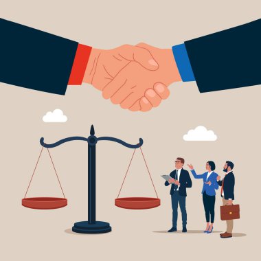 Teamwork and friendship. Scales in balance. Client shakes hands with lawyer. Arguments, evidence and tricks in trial. Modern vector illustration in flat style.  clipart