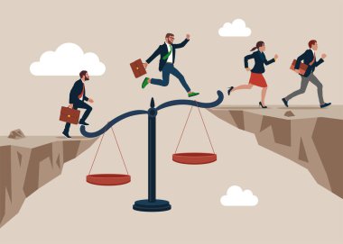 Geçitten geçen iş adamları adalet terazisinin hukuki yardım köprüsü olarak yardım etti. Hukuk ve avukat çözümü. Düz vektör illüstrasyonu