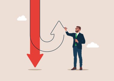 İş adamı bir ok çekiyor. Kırmızı ok düşüyor. Daha iyi bir fırsata dönüşme kararı. Büyük el yeni bir yön değiştirme oku çizer. Düz vektör illüstrasyonu