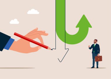 Green Arrow yükseliyor. Dev el aşağıya bir ok çekiyor. En kötü fırsata geçme kararı. Düz vektör illüstrasyonu