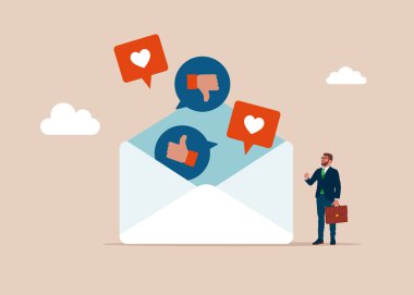 Sosyal medya iletişimi. İş adamları sosyal medyada olumlu ve olumsuz geri bildirim vizyonu görmek için e-postaları açıyor. Düz vektör illüstrasyonu.