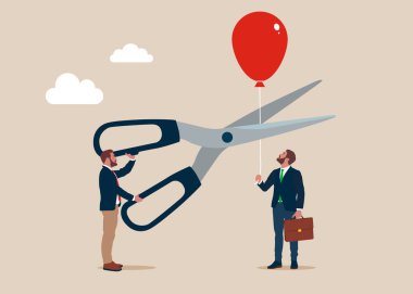 Balon tutan adam. İş adamı balon ipini kesmek için makas kullanıyor. Düz biçimli modern vektör illüstrasyonu