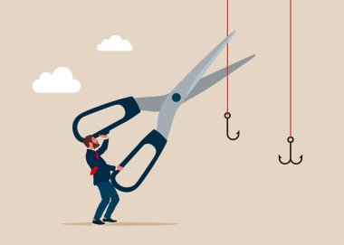 İnternette phishing 'e gidiyorum. İş adamı makas kullanır ve oltayı keser. Düz biçimli modern vektör illüstrasyonu.