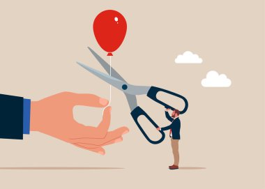 İş ekibi balon kesme makası kullanıyor. Düz biçimli modern vektör illüstrasyonu