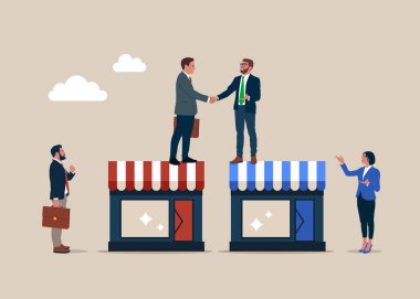 İş adamları arasında B2B işbirliği. İş dünyasından şirket ticaretine. Şirketler arasındaki tedarikçi ticareti. Düz vektör illüstrasyonu