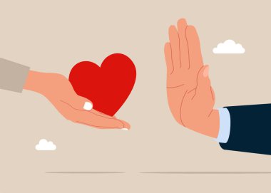 Ofis aşkı. Aşkı reddediyor ve yardım elini uzatıyor. İş adamı ona bakmasına izin vermiyor. Düz vektör illüstrasyonu