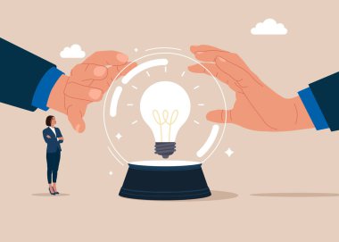 Kristal sihirli küre ve iki el ampulle kristal küreye dokunuyor. İş fırsatları için yaratıcılık, yeni bir çözüm ya da fikir keşfetme vizyonu, merak, başarı kavramı arayışı. 