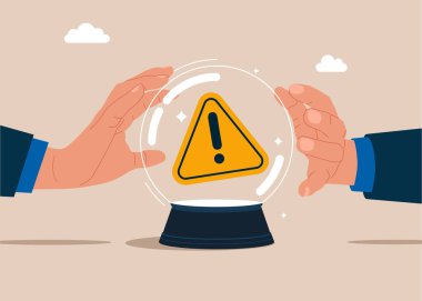 Kristal sihirli küre ve iki el ünlem işareti ile kristal küreye dokunuyor. Olay yönetimi, kök sebep analizi veya problem çözme, risk veya kritik başarısızlık kavramını tanımla. Vektör