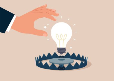 Metal ayı tuzağının üstünde ampul var. Fikir hırsızlığı ve pahalı ampul. Düz vektör illüstrasyonu