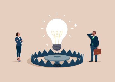 İş adamları ve ampuller metal ayı tuzağının üstünde. Fikir hırsızlığı ve pahalı ampul. Düz vektör illüstrasyonu