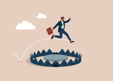 Tuzaktan kaçıyorum. İş adamı iş başarısı elde etmek için pası atlattı. Çelik tuzaklardan kaçının. Düz vektör illüstrasyonu. 