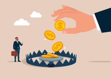 Kredi tuzağı. Ayı tuzağı ve altın para yığını. Para Tuzağı. Düz vektör illüstrasyonu