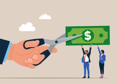 İşadamı dolar banknotlarını kesmek için makas kesiyor. Maliyet indirimi ya da indirimli fiyat. Düz vektör illüstrasyonu.