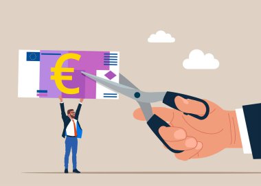 Avro banknotlarını kesmek için makas kesen bir işadamı. Maliyet indirimi ya da indirimli fiyat. Düz vektör illüstrasyonu.