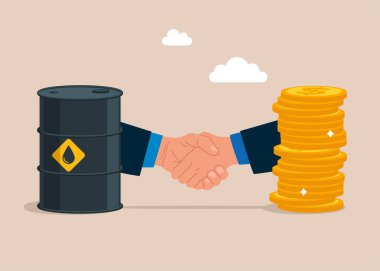 Yağ fıçısı ve altın sikkeler arasında dostça bir el sıkışma. Petrol ürünleri ve yakıt satışı. Modern düz vektör illüstrasyonu.