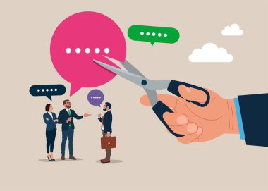 El, diyalog baloncuğunu makasla kesmek için makas kullanıyor. Konserve jambon, tartışma, sohbet, toplantı, takım iletişimi, iş arkadaşı sohbeti, görüş. Düz vektör illüstrasyonu