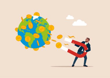 Mıknatıs kullanan bir iş adamı dünyanın dört bir yanından para çeker. Bir milyonere giden yol. Modern düz vektör illüstrasyonu