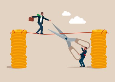 Akrobat işadamı dar bir ip boyunca bir yığın madeni paradan diğerine yürürken, makaslı bir rakip ipi kesiyor. Zorluğun üstesinden gel. 