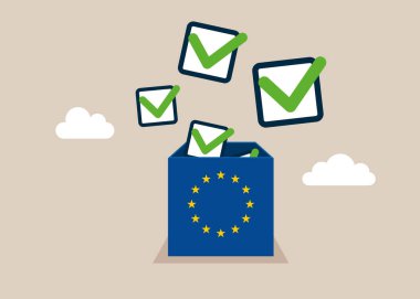 Avrupa Birliği 'nin yeni tamamlanmış çek kutusu. Teslim edilecek anlaşma, liderlik becerisi ya da iş sorumluluğuna güven. Modern düz vektör illüstrasyonu.