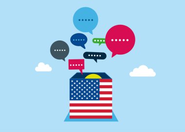Tartışma, sohbet, toplantı, takım iletişimi. Konuşma baloncuklarını görmek için Amerika Birleşik Devletleri 'ni açın. Düz biçimli modern vektör illüstrasyonu