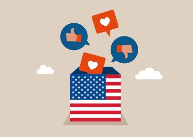Sosyal medya iletişimi. Sosyal medyanın olumlu ve olumsuz geri bildirim vizyonunu görmek için Amerika Birleşik Devletleri 'ni açın. Demokrasi Özgürlük Konsepti. Düz vektör illüstrasyonu.