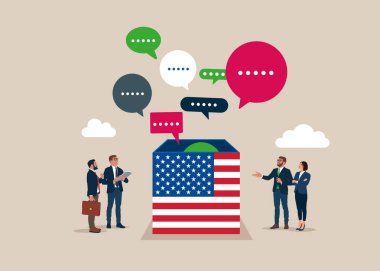 Tartışma, sohbet, toplantı, takım iletişimi. İş adamları Amerika Birleşik Devletleri 'nin konuşma baloncuklarını görmek için kutuyu açtılar. Düz biçimli modern vektör illüstrasyonu