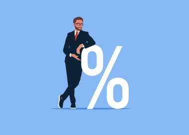 Yüzdesi yüksek bir iş adamı. Faiz, mali ve ipotek oranları. Düz vektör illüstrasyonu   