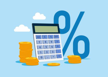 Bozuk paralarla hesap makinesi. Bütçe yönetimi konsepti. Paranın finansal hesaplamaları. Vergi zamanı. Düz biçimli modern vektör illüstrasyonu