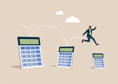 Düşük iş, kriz. İş adamı daha küçük bir hesap makinesinden atlıyor. Riskli bir durum ya da ekonomik durgunluk, kriz ya da iflas. Düz biçimli vektör illüstrasyonu. 