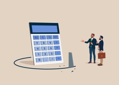 Hesap makinesi hırsızlığı. Hırsız, ekonomiyi çökertmek için yeri testereyle kesiyor. Finansal muhasebe dolandırıcılığı. Düz biçimli modern vektör illüstrasyonu