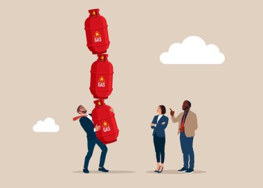 Bir yığın dengesiz gaz silindiri işadamı elinde tutuyor. Doğal gaz satışı istikrarsız. Düz vektör illüstrasyonu