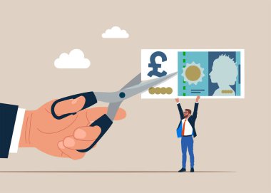 İşadamı sterlin banknotlarını kesmek için makas kesiyor. Maliyet indirimi ya da indirimli fiyat. Sterlin banknot. İngiliz parası. Para birimi. Düz vektör illüstrasyonu.