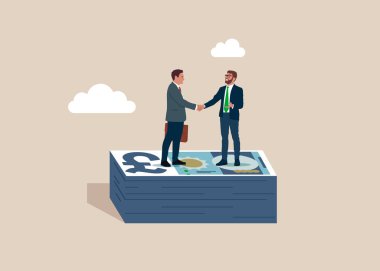 Sterlin banknot. İngiliz parası. Para birimi. İş adamları anlaşma bittikten sonra bir yığın sterlin banknotla el sıkışırlar. Maaş pazarlığı, maaş artışı tartışması. Düz vektör illüstrasyonu. 