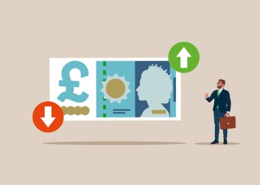 Aşağı ve yukarı ok ile sterlin değerinde. Kayıplı ya da büyümüş sterlin banknot. Vektör illüstrasyonu