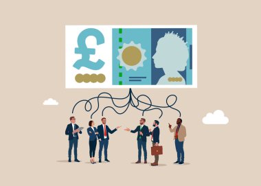 İş adamları büyük sterlin banknot, liderlik becerisi ya da iş sorumluluğuna güvenmeyi düşünüyor. Sterlin banknot. İngiliz parası. Para birimi. Düz vektör illüstrasyonu