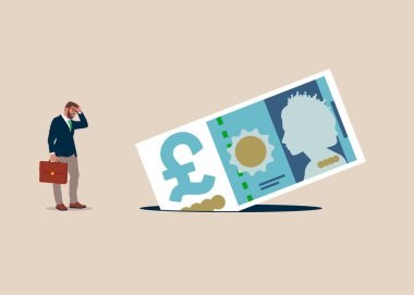 Sterlin banknot çukura düştü. İngiltere 'de kriz. Kriz, durgunluk, çöküş ve borsa çöküşünün sembolü. İngiliz parası. Para birimi. Vektör illüstrasyon kavramı.