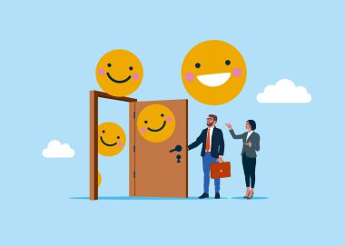 İş adamı iş motivasyonuna kapı açıyor. Çalışanların mutluluğu, iş memnuniyeti, şirket yararları, olumlu tavırlar. Düz biçimli modern vektör illüstrasyonu.