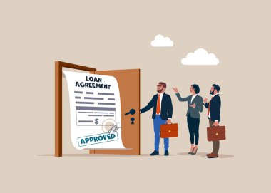 İş adamları kredi anlaşmasını görmek için bir kapı açıyor. Kredi anlaşması banka, mortgage, borç veya geri ödeme faiz oranı, kişisel kredi veya mali destek kavramından borç para alır. 