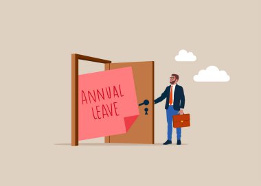 İş adamı yıllık not bırakmak için bir kapı açıyor. Yıllık izin ya da izin günü, yoğun çalışmadan dinlenmek, yıllık izinleri hatırlatmak. Düz modern vektör illüstrasyonu.